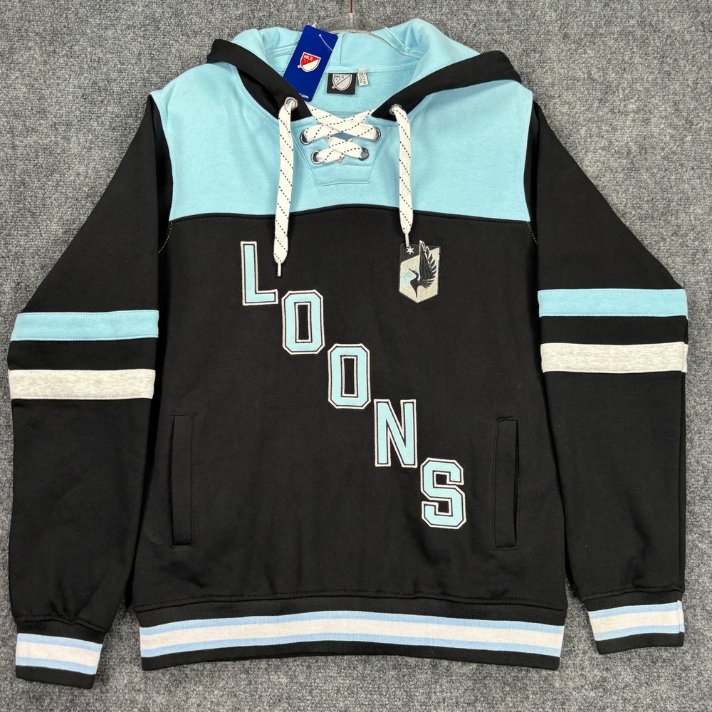 MLS Minnesota United FC Loons Hoodie Lace Up Sweatshirt Blue Black Small NWT